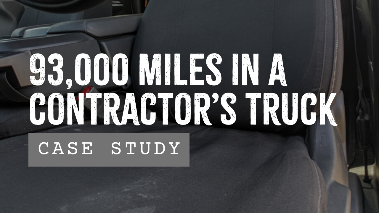 photo of a truck interior with text on top reading: 93,000 miles in a contractor's truck