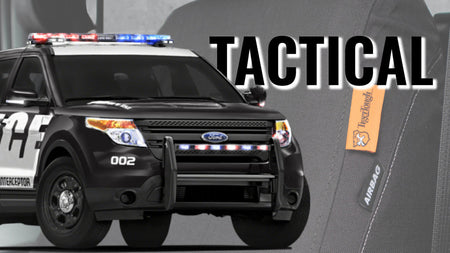Police vehichle shown in front of a tactical seat cover