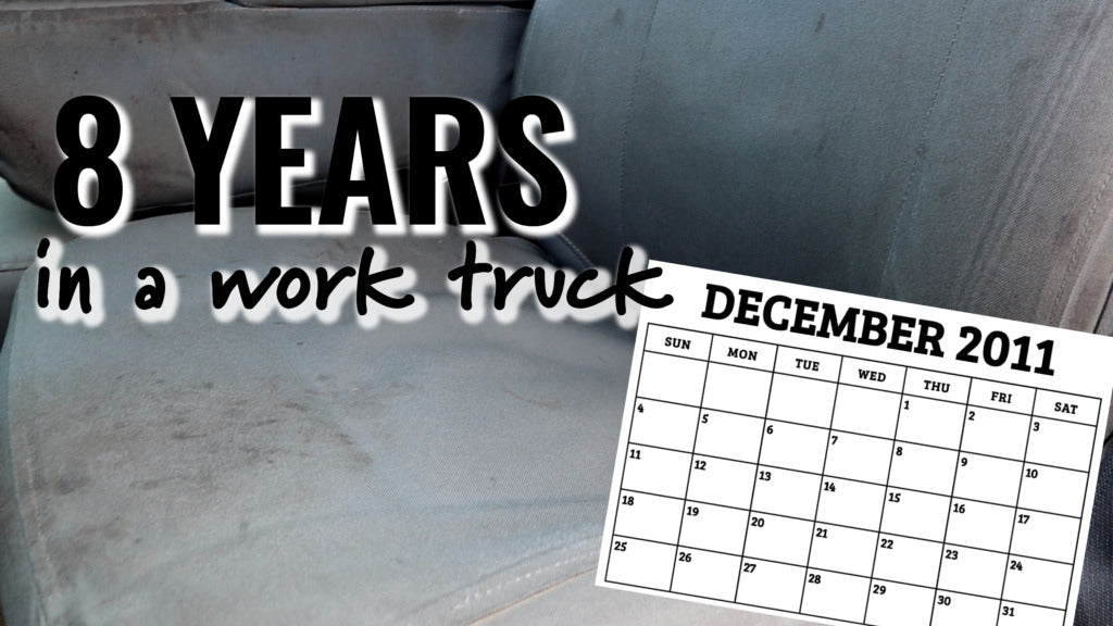 TigerTough seat covers with a December 2011 calendar page and text reading 8 years in a work truck