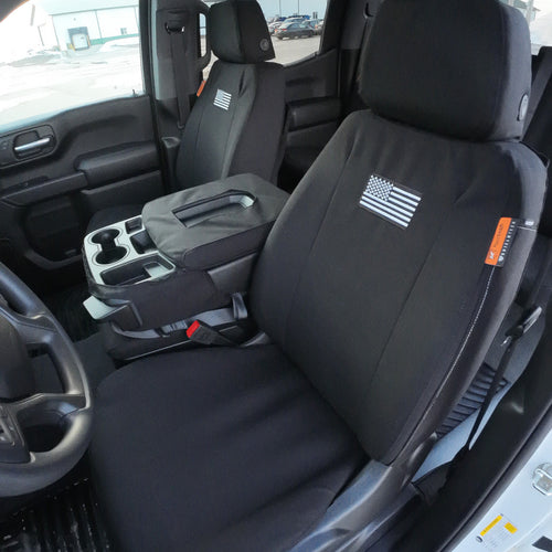 Front Seat of a 2019 Chevy Silverado 1500 with Black TigerTough Seat Covers