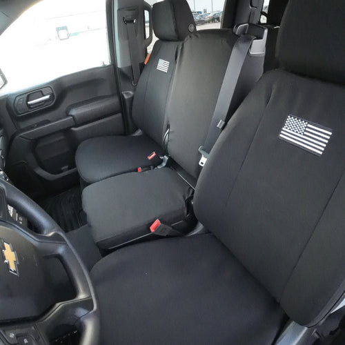 Front Seat of a 2019 Chevy Silverado 1500 with Black TigerTough Seat Covers