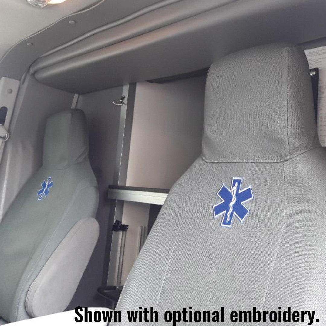Ford Van seats with gray TigerTough seat covers and optional embroidery.